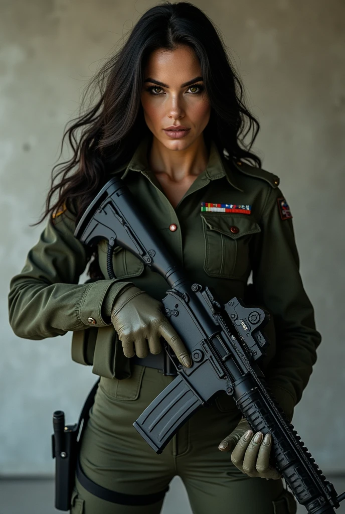 MEGAN FOX IN MILITARY UNIFORM WITH A RIFLE IN HAND