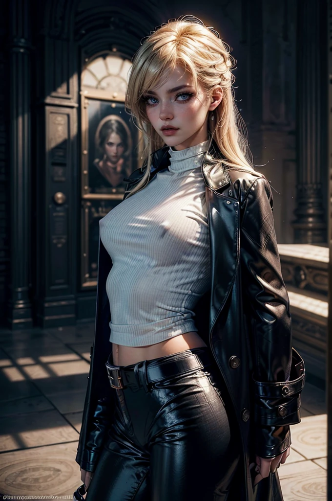 cowboy shot,a pretty 2 girl,blond hair,blue eyes,lora_Emma,slim athletic body,tight and stretched white blouse with buttons,button gap,short sleeves,ultra low rise black shiny latex pants,(double metal belt),empty studiobackground,((black coat on shoulders)),(tight sleeves),(best quality,4k,8k,highres,masterpiece:1.2),ultra-detailed,(realistic,photorealistic,photo-realistic:1.37),dramatic lighting,cinematic,fashion photography,studio lighting,high contrast,vivid colors,beautiful detailed eyes,beautiful detailed lips,extremely detailed eyes and face,long eyelashes, touching hair