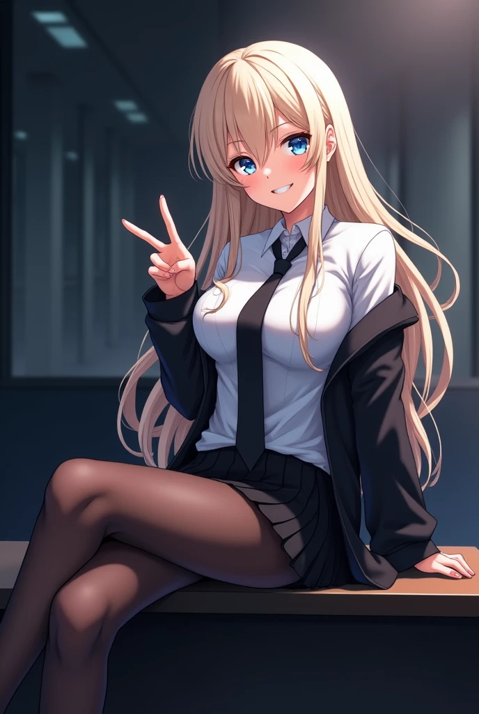Create the following image: The image shows a young woman with long blonde hair, sky blue eyes and white skin. She is sitting on the edge of a table with her legs crossed., With one hand he makes the peace symbol to pose and has a lustful smile on his face. Wear a white long-sleeved blouse, a black tie, a black jacket and a black pleated skirt and black and transparent pantyhose. The background is a dark office. anime style