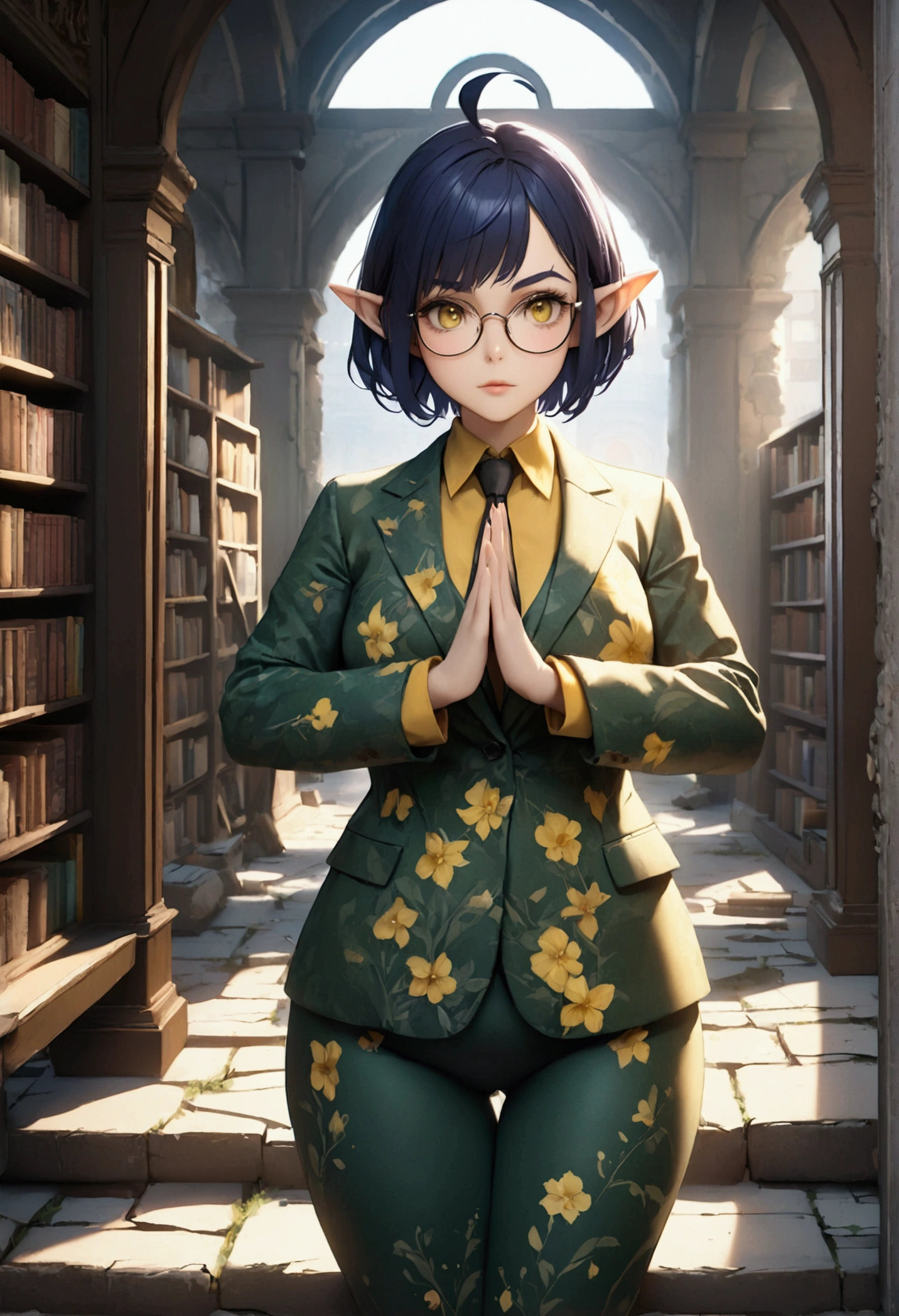 high resolution, ultradetailed, 1 girl, (very short dark blue hair with black tint:1.2), (green tight floral suit:1.1), (library ruins background:1.2 ), sunny day, ray of lights, 16k, unreal engine, UHD, photorealistic, (skin texture:1.2), (detailed face features:1.2), correct proportions, (beautiful yellow eyes:1.3), cowboy pose, pretty eyes, Iris contour, plump lips, (thin and sharp pale eyebrows), long dark eyelashes, (dynamic pose), huge ahoge, glasses, enigmatic, face, dark elf, pointy ears, light skin, full body shot, accurate small snub nose, detailed face, glasses