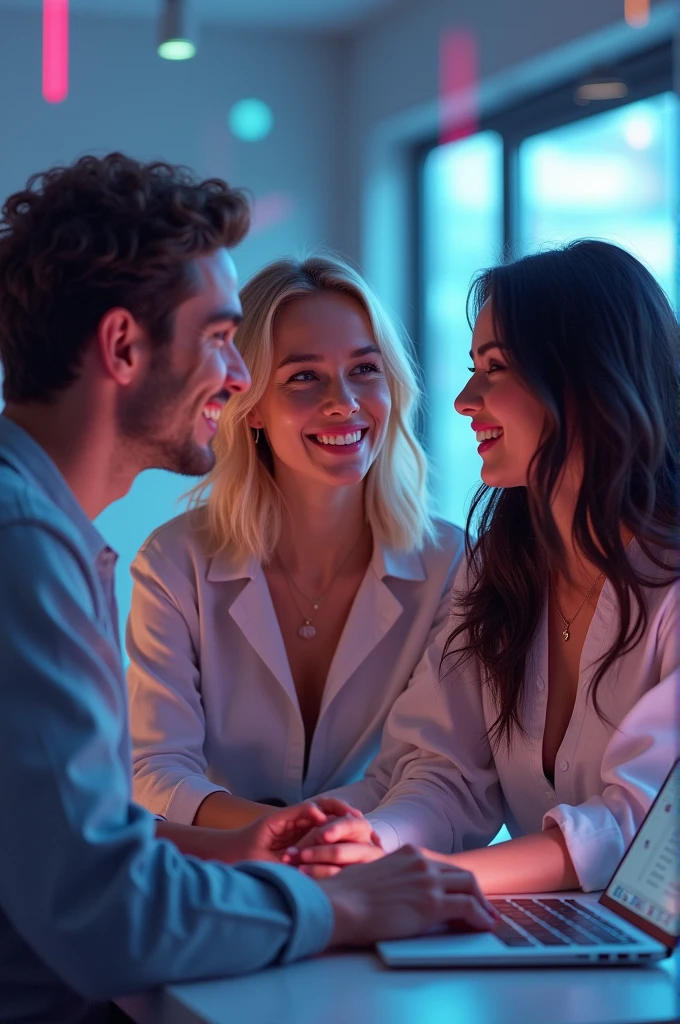 A man and 2 women, one blonde and one brunette, on the web