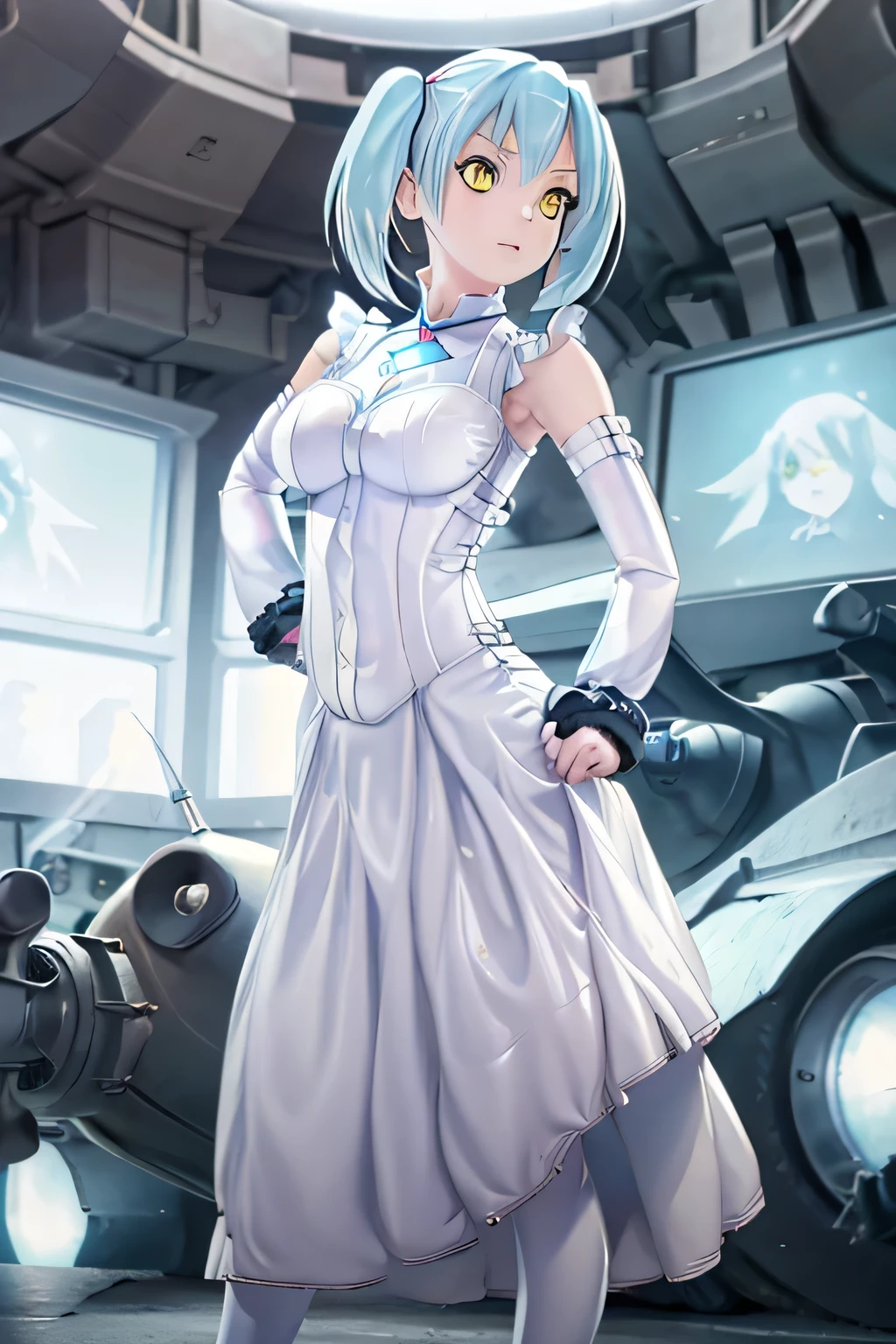 Perfect Anatomy　Highest quality,Highest Resolution,(((White shiny dress　Light blue hair)))　[blurry]　16K　Removable sleeves　Sleeveless dress　Yellow Eyes　Advance Wars Tabitha