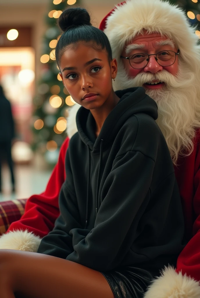 black woman hair in a bun black hoodie black leather short shorts excited look on her face with eyes really big and wide open setting on santa claus lap at the mall side shot