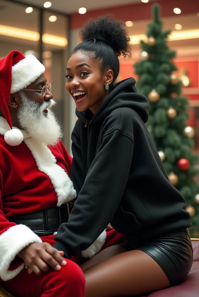 black woman hair in a bun black hoodie black leather short shorts excited look on her face with eyes really big and wide open setting on santa claus lap at the mall side shot