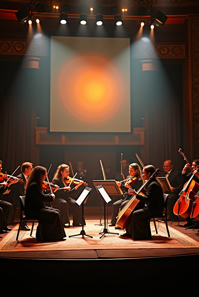 a chene for musical concert for two instruments (kanun and tar) and orchestra of 5 strings. beutiful scen that feature the two main instruments. and with screen. and the place of the two instrument is a circle. and with romantic lighting
