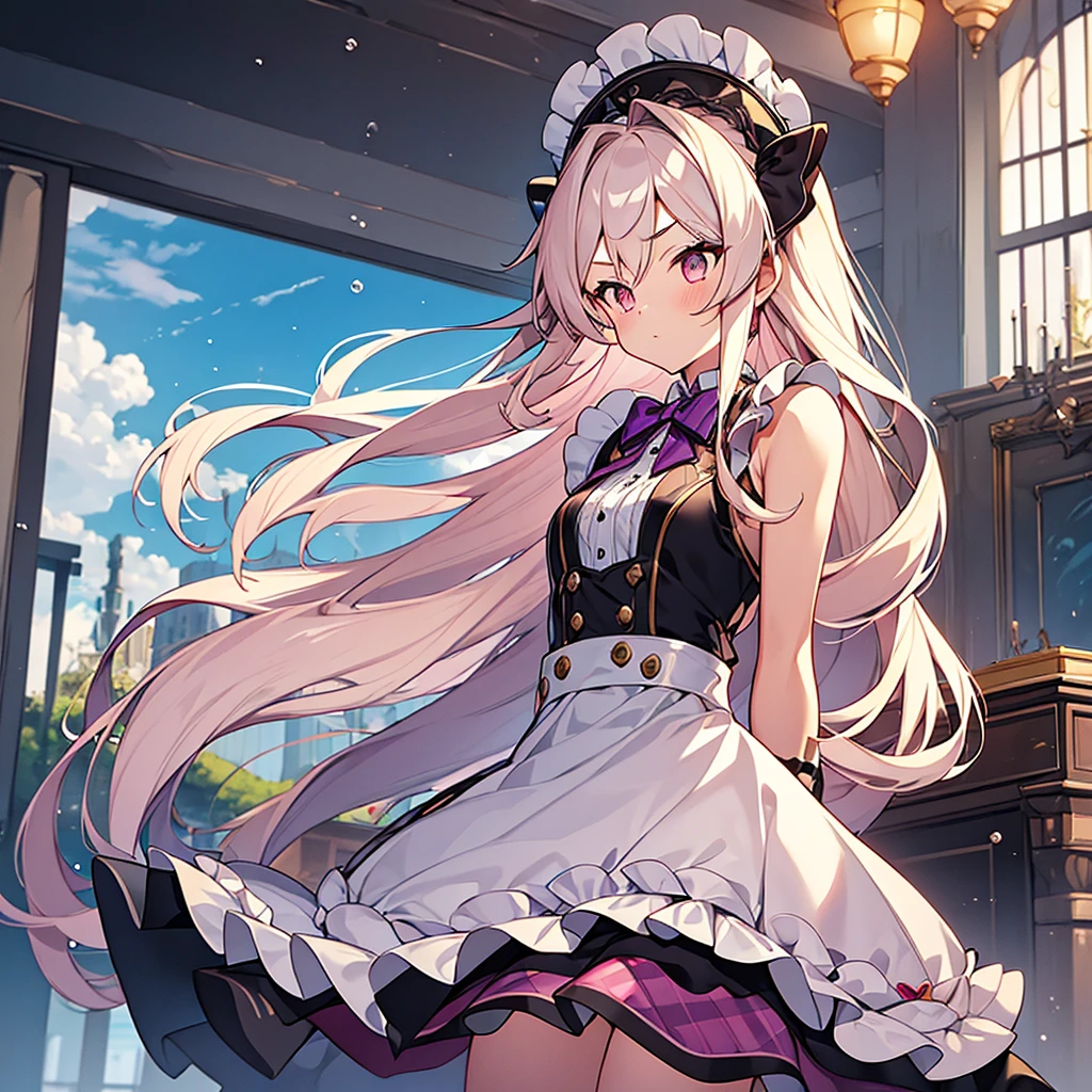 (1 girl, size), (guitar alone), bubble skirt, aqua shirt, bow, bowtie, buttons, collared shirt, expressionless, Eyebrows hidden by hair, fox mask, cowboy shoot, long hair, long sleeve, mask, multicolored buttons, pink eyes, pink hair, orange skirt, plaid, plaid shirt, purple bow, purple bowtie, shirt, skirt, alone, very long hair, sea, ocean, beach, cloudy, sunlight, twilight, moon, cloud, sky, outdoor, cloudy sky, leaf, ruins, sunlight, After the Apocalypse, Side view of the masterpiece, best quality, Highly detailed, height, HDR,, Shobit, What is, no feelings,, 1 girl, alone, smooth, bare shoulders, chest, brown eyes, clamp (circle) (style), Platinum blonde hair, long hairมาก, Robot Ear, small chest, Hair Tube,, maid, maid headdress, maid apron, victorian maid, maid dress,, mksks style, beautiful background, Detailed background, professional lightning, mansion, indoor, gold ornament, gold, gold effects,