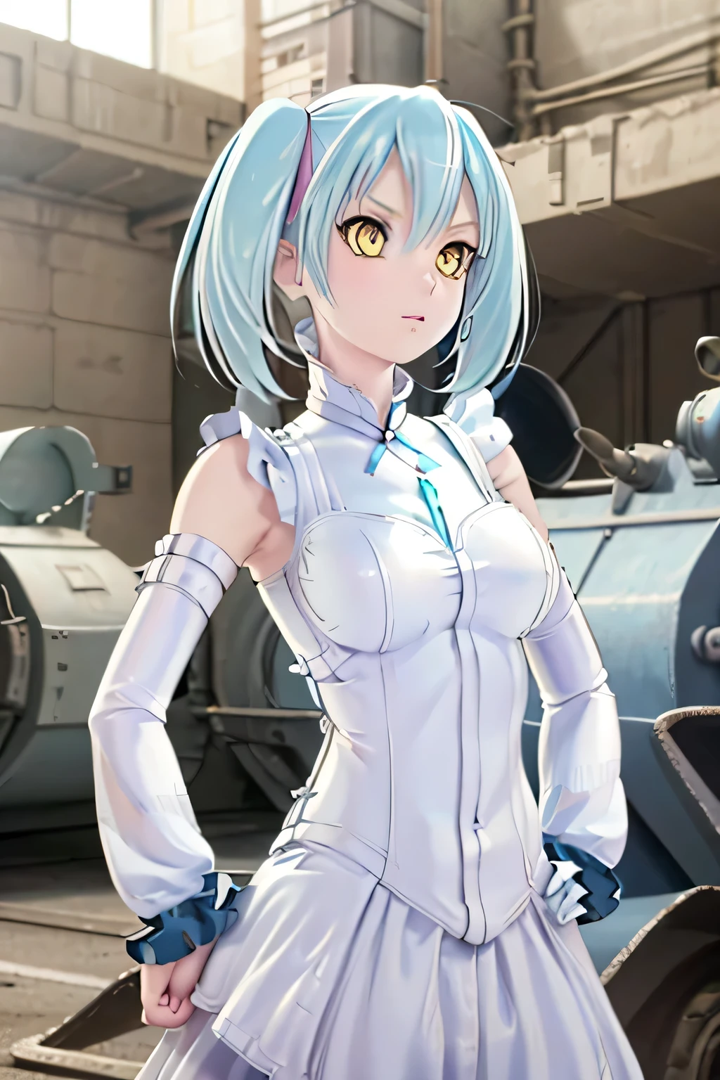 Perfect Anatomy　Highest quality,Highest Resolution,(((White shiny dress　Light blue hair)))　[blurry]　16K　Removable sleeves　Sleeveless dress　Yellow Eyes　Advance Wars Tabitha