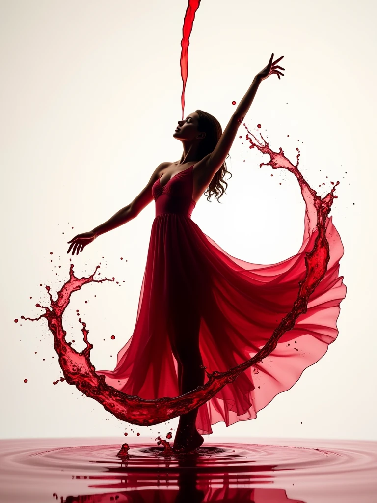 A bottle of red wine being poured, creating a dynamic splash that forms the silhouette of a dancing female figure, hyperrealisti, ultra-detailed, conceptual.