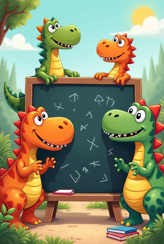 Dinosaurs cartoon kids holding a blackboard 