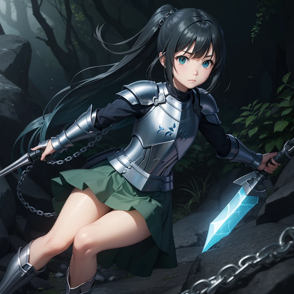 最high quality、high quality、Simple Cloth Armor、10Year-old girl adventurer、Equipped with a weapon that has a short chain at the end of a stick and a spiked iron ball at the end of the chain、In a dark maze、Green and blue armor
