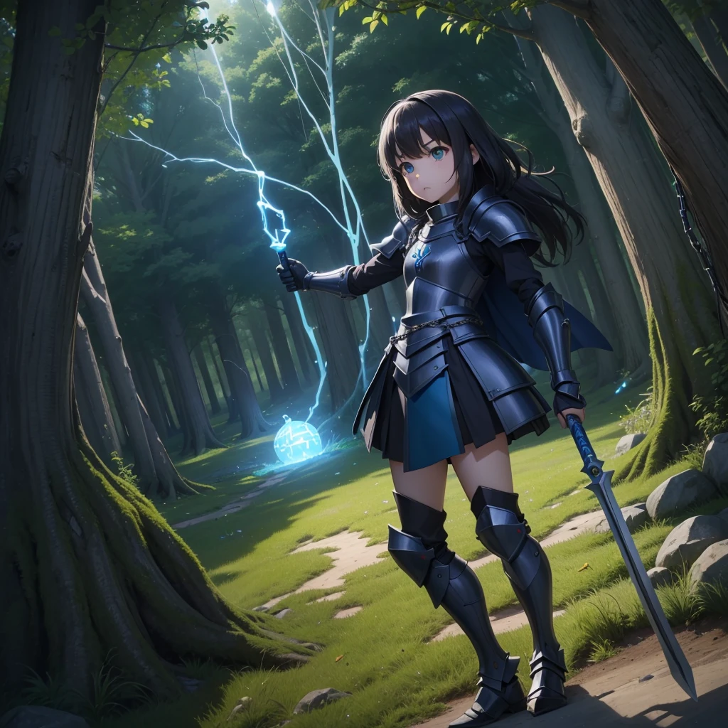 最high quality、high quality、Simple Cloth Armor、10Year-old girl adventurer、Equipped with a weapon that has a short chain at the end of a stick and a spiked iron ball at the end of the chain、In a dark maze、Green and blue armor