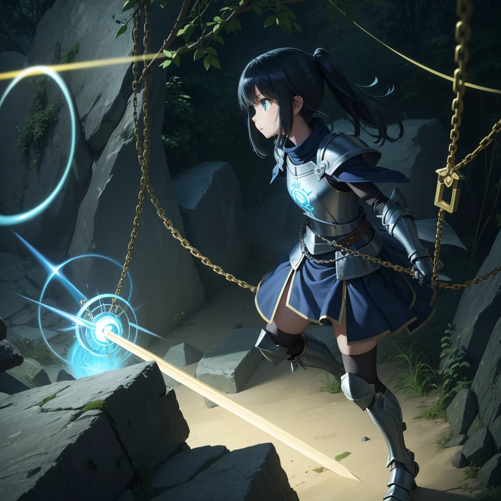 最high quality、high quality、Simple Cloth Armor、10Year-old girl adventurer、Equipped with a weapon that has a short chain at the end of a stick and a spiked iron ball at the end of the chain、In a dark maze、Green and blue armor