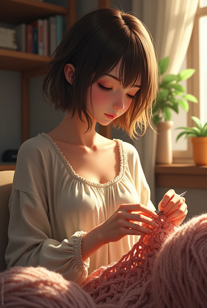 Woman, Brunetette, Short hair with blonde highlights, Crocheting