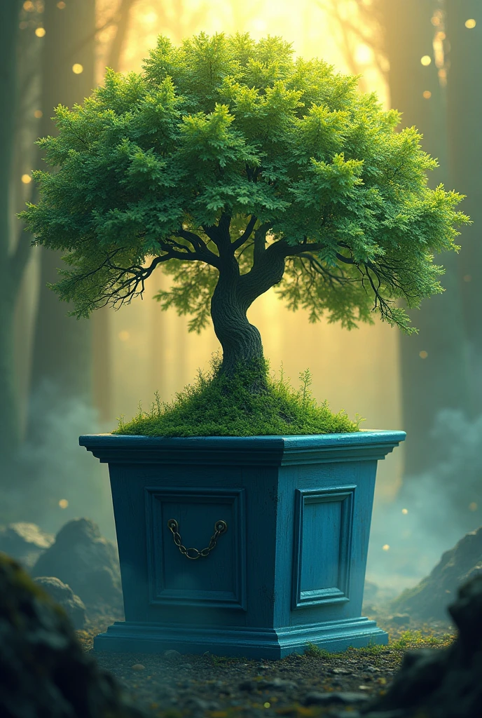A tree come out from a coffin. Background gold. Tree freen. Coffin box blue.