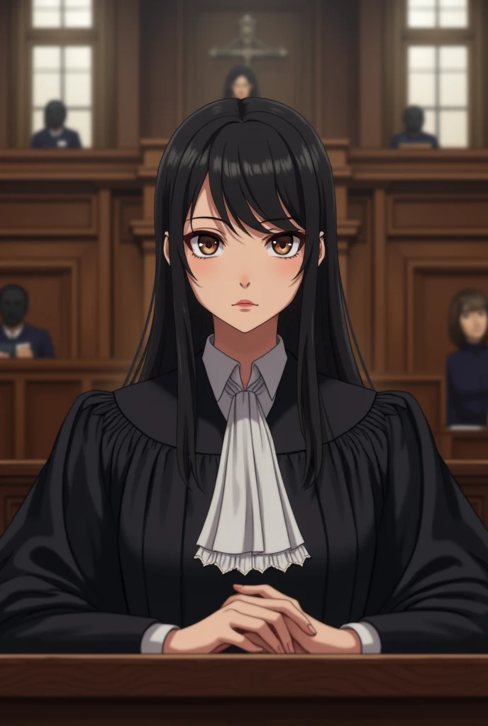 judge dark hair highlighted, small-nose, dark brown eyes, slim, middle lips
