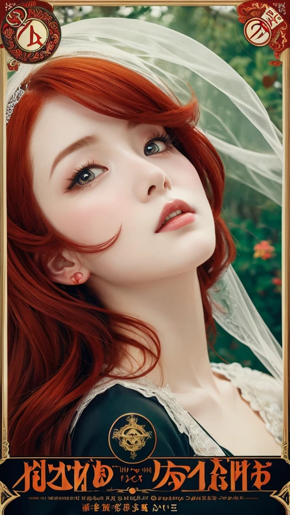 Red-haired woman looking up。Wearing a veil over bare skin。Art Nouveau。Poster Style。