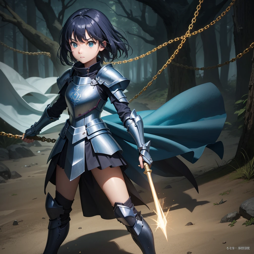 最high quality、high quality、Simple Cloth Armor、10Year-old girl adventurer、Equipped with a weapon that has a short chain at the end of a stick and a spiked iron ball at the end of the chain、In a dark maze、Green and blue armor