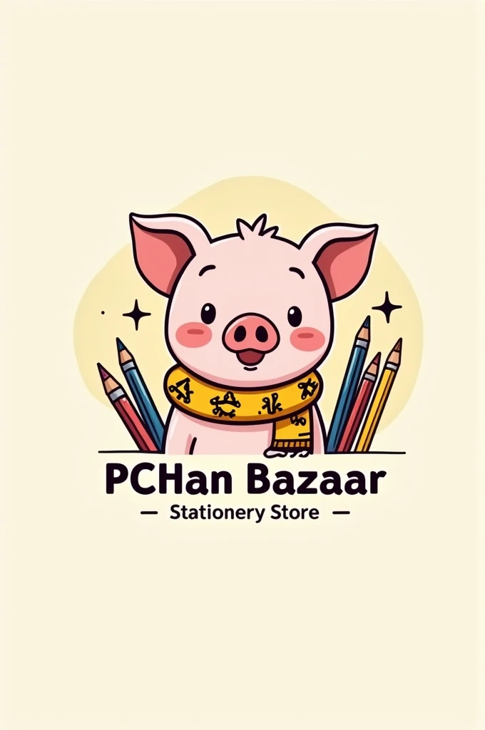 Create a logo that says Pchan bazaar and stationery store where you have school supplies and that includes the figure of a little pig with a yellow and black scarf