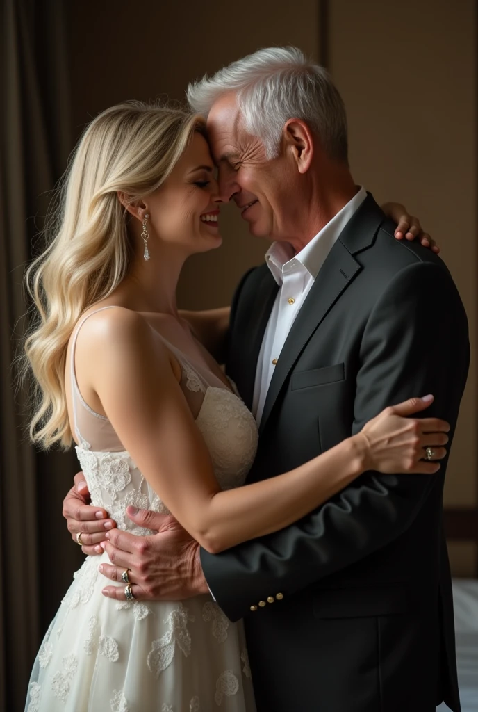 A photo of a husband and wife wearing sexy clothes over 50 years old hugging