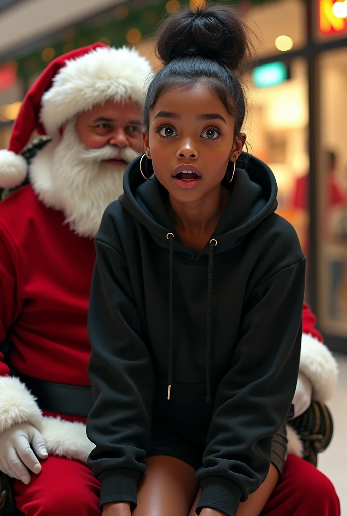 black woman hair in a bun black hoodie black leather short shorts excited look on her face with eyes really big and wide open setting on santa claus lap at the mall side shot