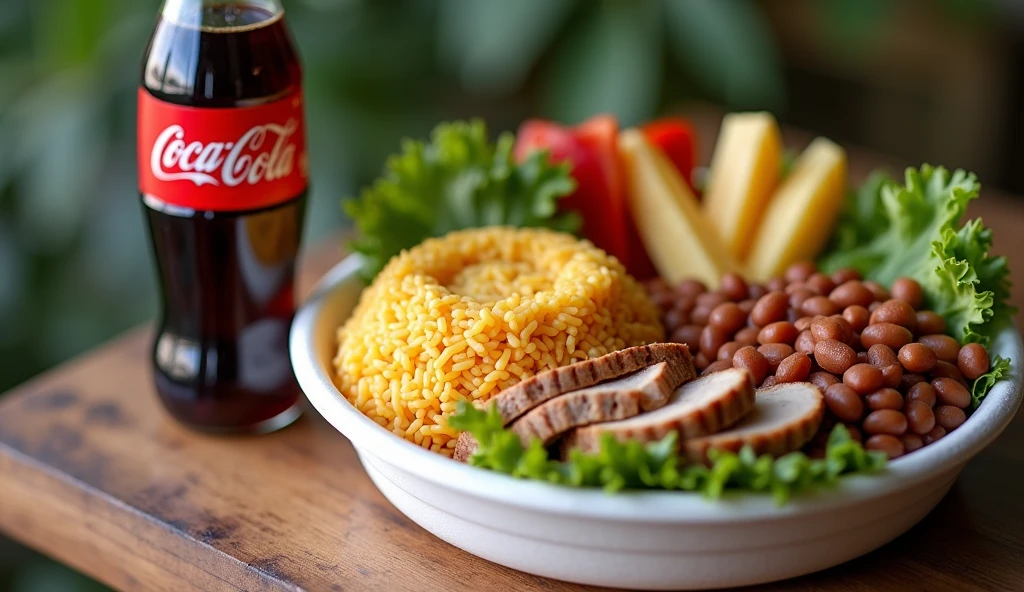 create an image of Brazilian homemade food, rice, beans, salad and meat in a round white Styrofoam thermal lunch box, next to a 250ml plastic bottle of Coca-Cola also highlighted in the image. use professional photos of food commercials as reference and framing for ifood.