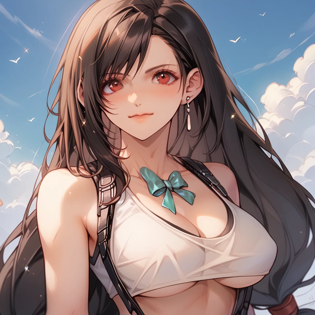 ultra detailed, best quality、nsfw,(Tifa from Final Fantasy)、slender、Large Breasts、Ocean、bikini、sit