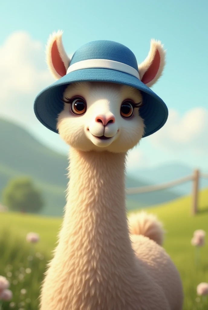 llama wearing a blue and white bucket hat