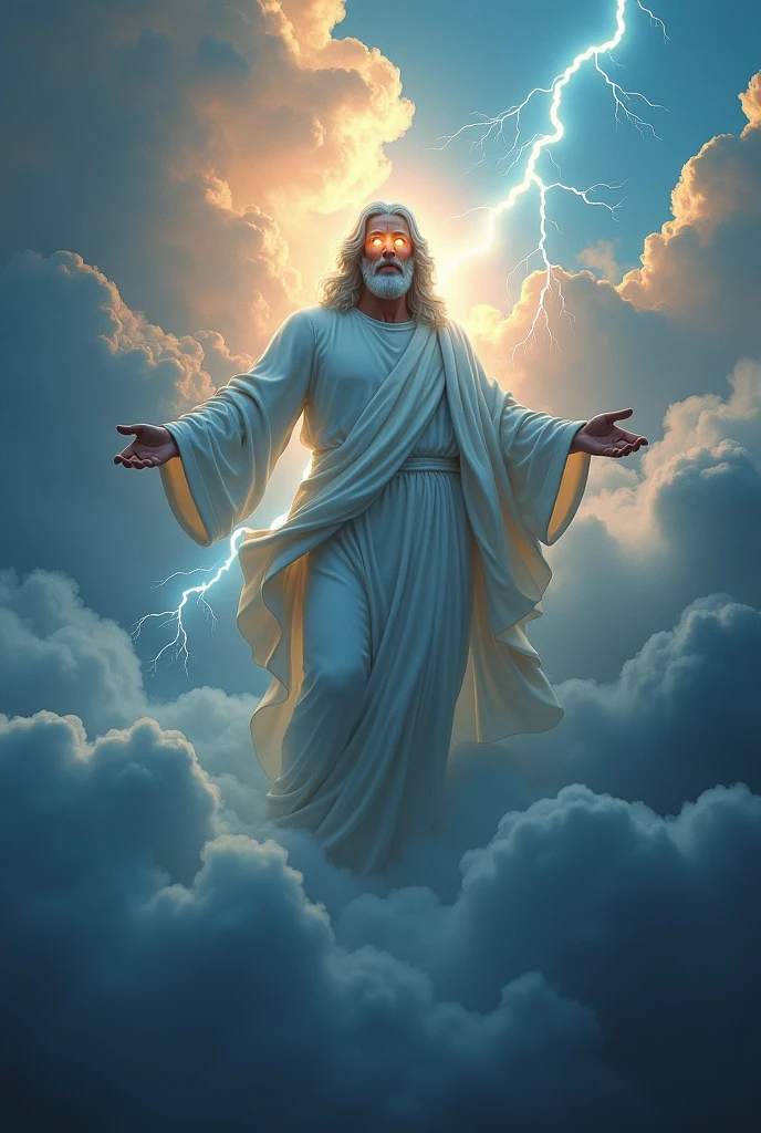 Jesus with burning eyes and snow-white hair above clouds and lightning
