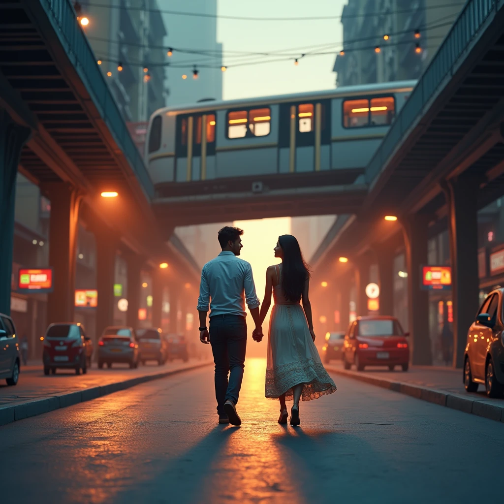 generate a 3D 4k map of Dhaka city, that highlights a cute couple walking together on a road under metro rail keeping their hands each other. they watching each other and camera shot should be from behind. golden reflects on every streets. dark blue, dark red effect as background