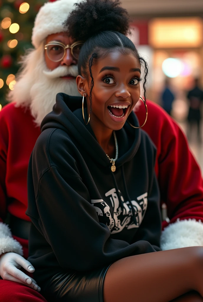 black woman hair in a bun black hoodie black leather short shorts excited look on her face with eyes really big and wide open setting on santa claus lap at the mall side shot 
