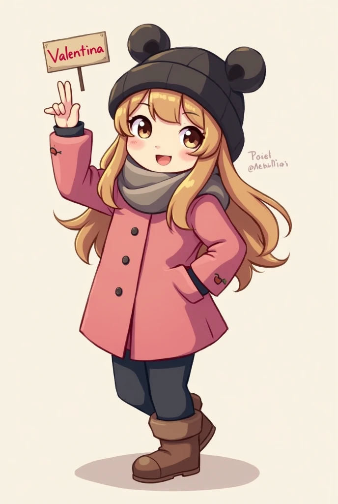 child with long brown blond hair wearing cold weather clothes making a cute pose with her hand on her waist and the other making a v, black pants, pink coat and black hat with bear ears with a little sign saying the name Valentina