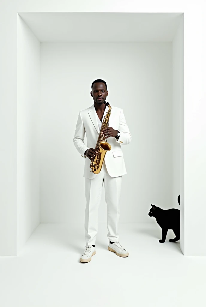 White saxophonist in a white square panoramic shot with a black cat