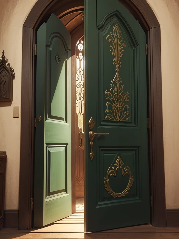 draw a door in medieval style),(on the door there are relief carvings),(the door is dark green),(the door is seen from the front),(it has a diffuse light),(the image has bright colors), (on the door there is a small golden bell)