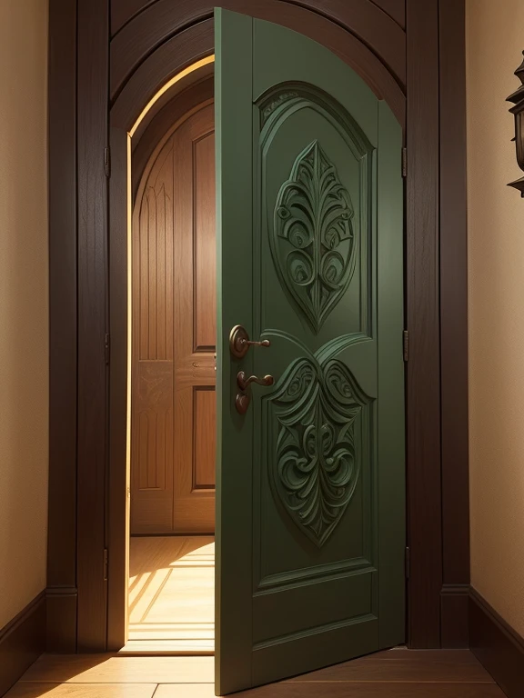draw a door in medieval style),(on the door there are relief carvings),(the door is dark green),(the door is seen from the front),(it has a diffuse light),(the image has bright colors), (on the door there is a small golden bell)