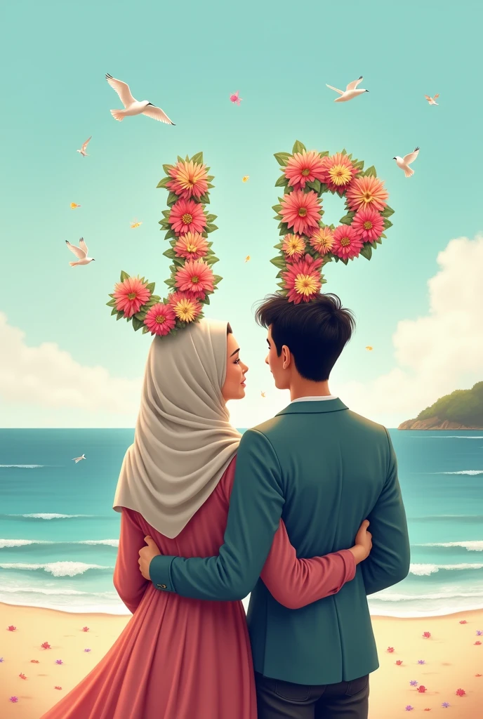 Couple holding letter j and p an their head written with flowers in the beach show their back girl with hijab and bring birds in sky