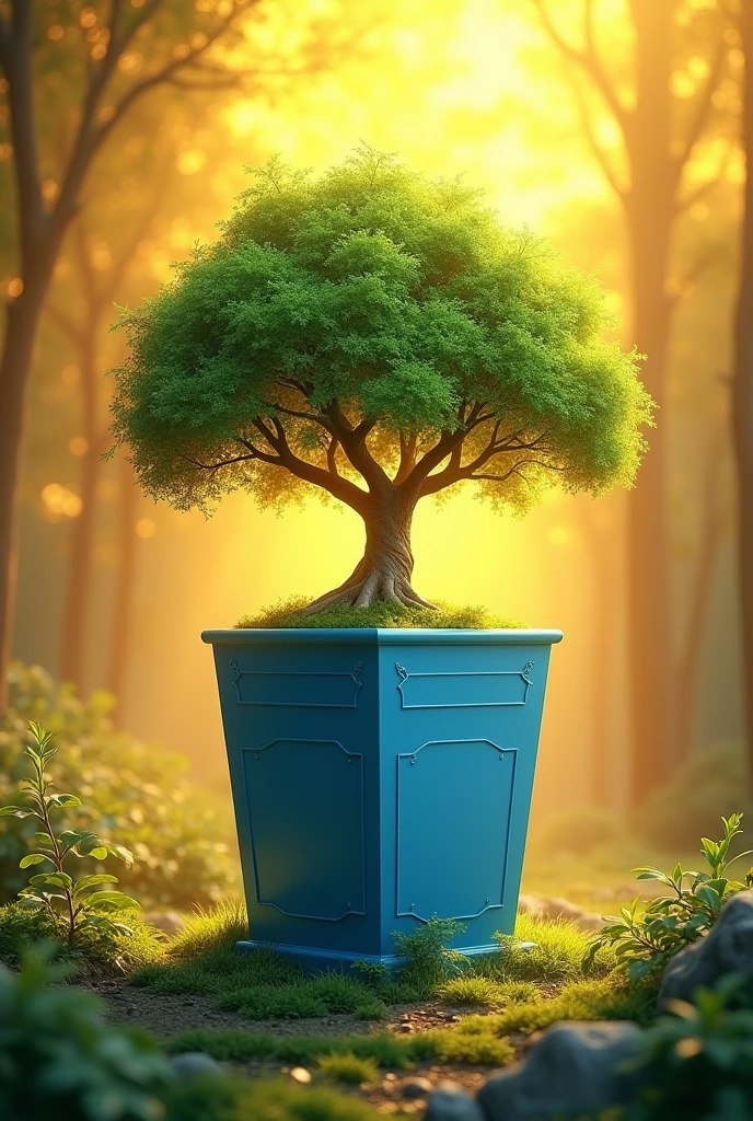 A tree come out from a square coffin box. Background gold. Tree freen. Coffin box blue.