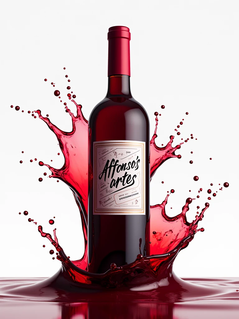 A bottle of red wine with the Affonso´s Artes label being spilled, creating a dynamic splash that forms the word Affonso´s Artes, hyperrealisti, ultra-detailed, conceptual.