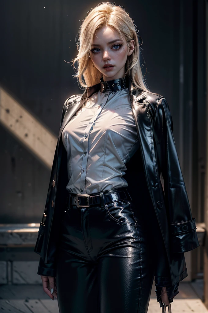 cowboy shot,a pretty 2 girl,blond hair,blue eyes,lora_Emma,slim athletic body,tight and stretched white blouse with buttons,button gap,short sleeves,pokies,ultra low rise black shiny latex pants,(double metal belt),empty studiobackground,((black coat on shoulders)),(best quality,4k,8k,highres,masterpiece:1.2),ultra-detailed,(realistic,photorealistic,photo-realistic:1.37),dramatic lighting,cinematic,fashion photography,studio lighting,high contrast,vivid colors,beautiful detailed eyes,beautiful detailed lips,extremely detailed eyes and face,long eyelashes, touching hair