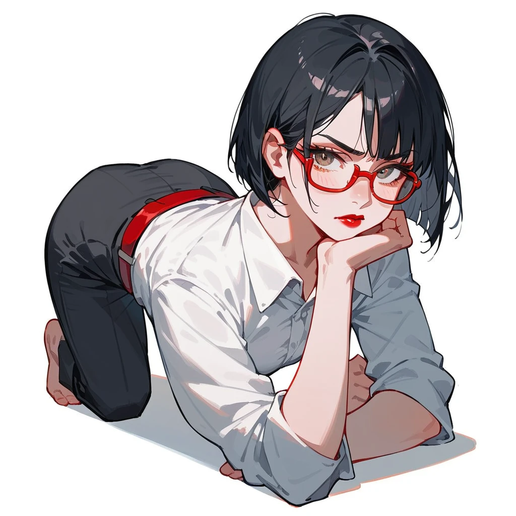 (score_9,score_8_up,score_7_up),solo,1girl,black hair, bob cut, red glasses, small beasts, red lips, white BLOUSE shirt, red belt, black formal trousers, stern and mighty expression, regal expression, looking at viewer, bare foot, feet focus, two feet, kneeling, view from behind, simple background, white background