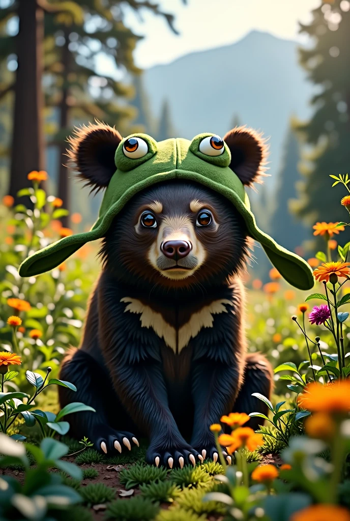 Peruvian spectacled bear wearing a frog hat