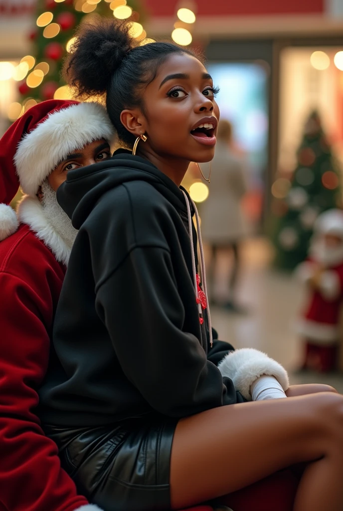 black woman hair in a bun black hoodie black leather short shorts excited look on her face with eyes really big and wide open setting on santa claus lap at the mall side shot
