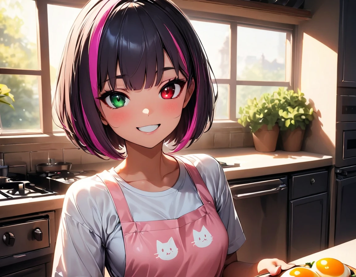 (highest quality:1.2, Very detailed, up to date, Vibrant, Ultra-high resolution, High Contrast, masterpiece:1.2, highest quality, Best aesthetics), Portraiture、girl、20-years-old, slim, , heterrochromia, green eye, red eye, stage、Bright colors、Beautiful fine details、Beautiful lip detail、extra short hair, ((bob cut:1.5))、pink and purple ((streaked hair:1.9)), (highlights hair: 1.6), ((small breast:1.3), (tan skin:0.7), cooking、((making egg benedict:1.5)), (bright kitchen:1.5), big window background, (pink apron, cat design print)、tank top, (happy:2.5), cowboy shot:1