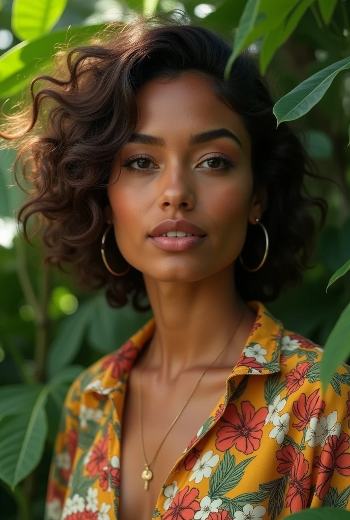 A Brazilian woman in a lush tropical garden, wearing an open shirt with a floral print, with a close-up capturing the harmonious beauty between her breasts and the natural flowers, showing off your natural charm and outgoing personality.