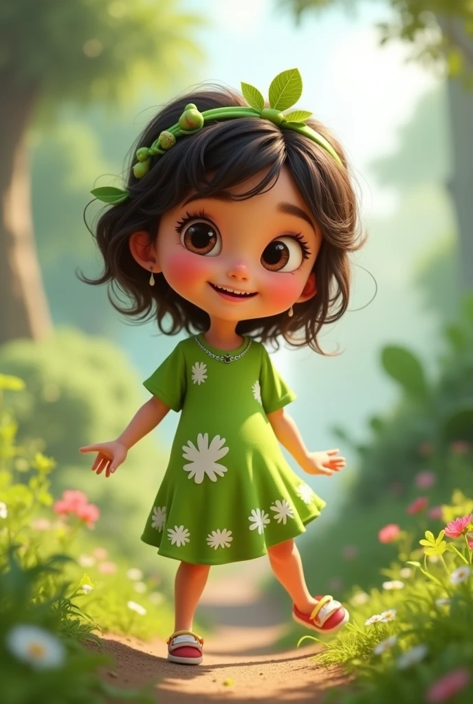 Animated girl in a green and white outfit