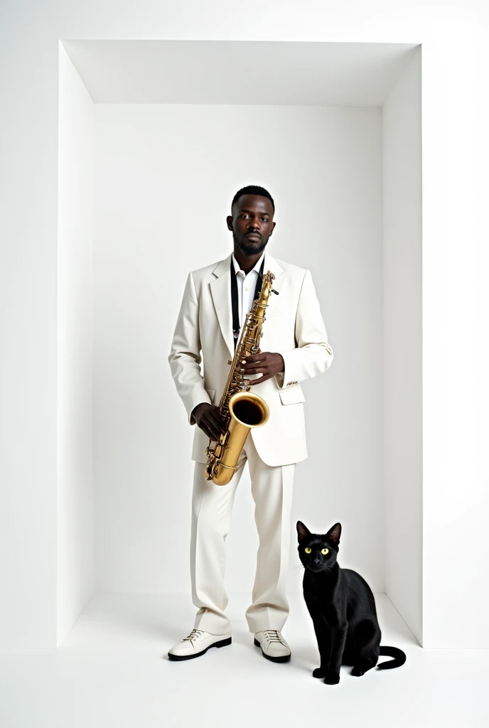 American saxophonist in a white square panoramic shot with a black cat
