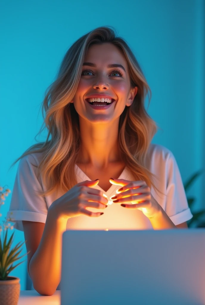 Beautiful surprised and happy woman shopping online on a blue background