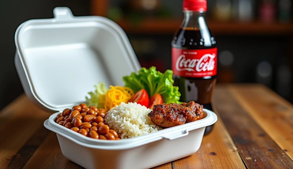 create an image of Brazilian homemade food, rice, beans, salad and meat in a round white Styrofoam thermal lunch box, next to a 250ml plastic bottle of Coca-Cola also highlighted in the image. use professional photos of food commercials as reference and framing for ifood.