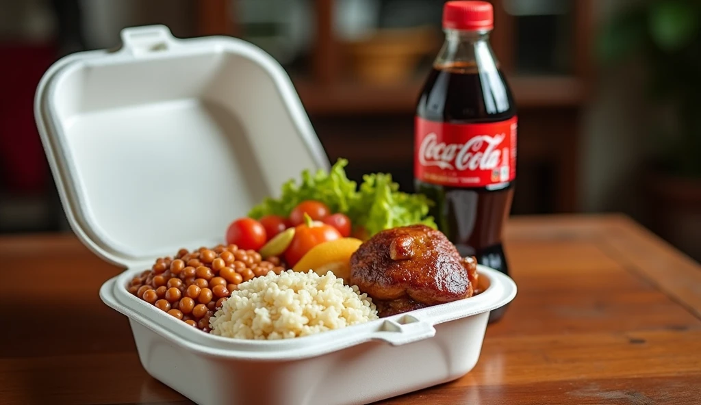 create an image of Brazilian homemade food, rice, beans, salad and meat in a round white Styrofoam thermal lunch box, next to a 250ml plastic bottle of Coca-Cola also highlighted in the image. use professional photos of food commercials as reference and framing for ifood.