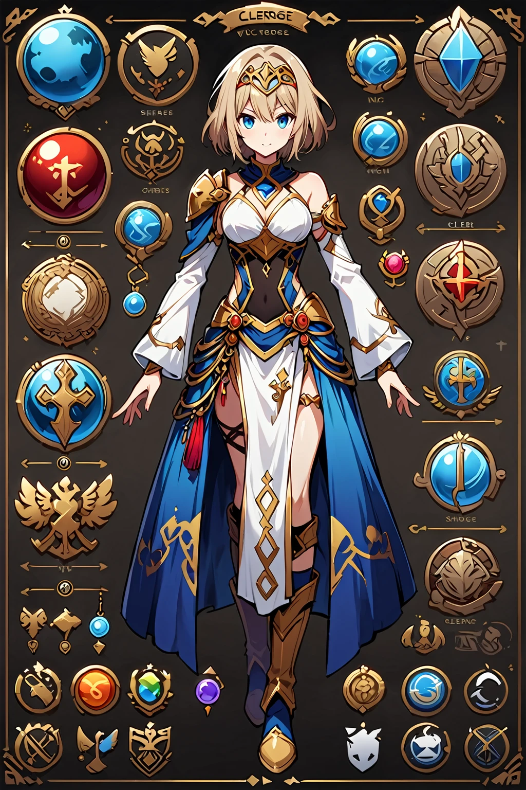 Framed Presentation of a clerge, woman character design sheet for a video game with detailed accessories, boots, multiple icons, and fantasy dancer dresses, Ball Gown, buttons to customize the character to your liking, sphere,(game icon),medal icon,rpg,(sheild icon),(magic icon),(sword icon),(knight icon)),