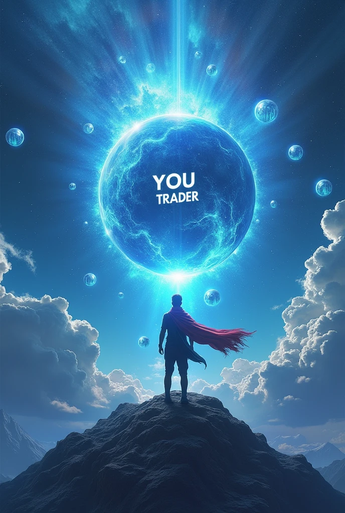 Universe nebula with massive sphere in the blue center with the word YOU TRADER in the center of the sphere and blue rays coming out of the sphere and with a man with a big scarf and wind looking up ,on top of a mountain and sphere exploding with a lot of energy with small blue and purple bubbles with chart candle inside